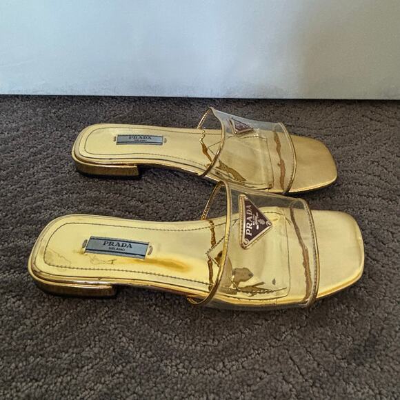 Prada Ciabatte Clear PVC Enameled Triangle Logo Flat Sandal Platino Gold Size 37 - Picture 6 of 14